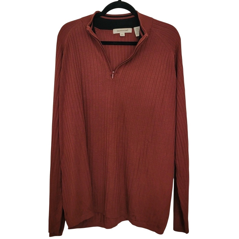 Pronto Uomo Rust Mock Neck 1/4 Zip Ribbed Knit‎ Sweater Silk Blend Men's XXL